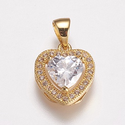 Golden Brass Micro Pave Cubic Zirconia Charms, Heart, Clear, Golden, 14x12x5mm, Hole: 3x5mm