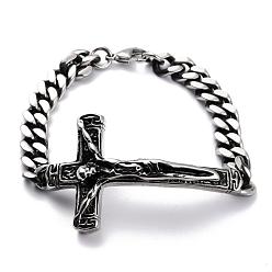Argent Antique 304 inoxydable bracelets gourmette en acier lien bracelets, crucifix croix, facette, pour Pâques, argent antique, 8-5/8 pouces (220 mm)