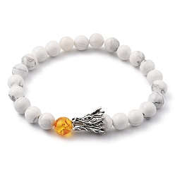 Howlite Bracelets de perles extensibles en howlite naturelle pour hommes, avec perles d'ambre imitation résine et perles en alliage tête de dragon, argent antique, diamètre intérieur: 2-1/8 pouce (5.5 cm)