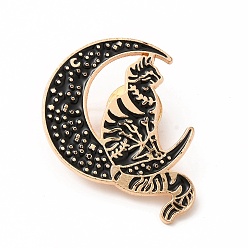 Black Moon with Cat Enamel Pin, Golden Alloy Cartoon Brooch for Backpack Clothes, Black, 35x31x1.5mm