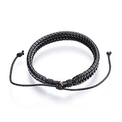 Black Adjustable PU Leather Cord Bracelets, Braided, Black, 2 inch(51mm)