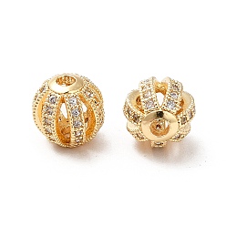 Real 18K Gold Plated Brass Micro Pave Cubic Zirconia Beads, Real 18K Gold Plated, Hollow Round, Real 18K Gold Plated, 8mm, Hole: 1.6mm