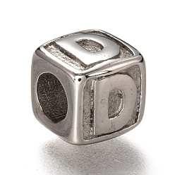 Letter D 304 de acero inoxidable de cuentas europeo, abalorios de grande agujero, agujero horizontal, cubo con la letra, color acero inoxidable, letter.d, 8x8x8 mm, agujero: 4.5 mm