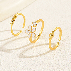 Real 18K Gold Plated 3Pcs 3 Style Brass Open Cuff Rings Set, Cubic Zirconia & Enamel Flower Stackable Rings, Real 18K Gold Plated, Inner Diameter: 14~17mm, 1Pc/style