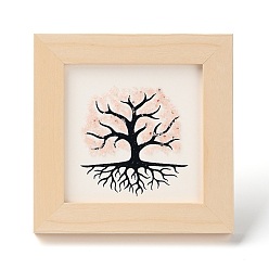 Rose Quartz Tree of Life Natural Rose Quartz Chips Picture Frame Stand, with Wood Square Frame, Feng Shui Money Tree Picture Frame Home Office Decoration, 66x130x120mm, Inner Diameter: 90x90mm