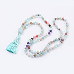 Flower Amazonite Natural Flower Amazonite Tassel Pendant Necklaces, with Gemstone Beads, Chakra Necklaces, 40.5 inch(103cm)