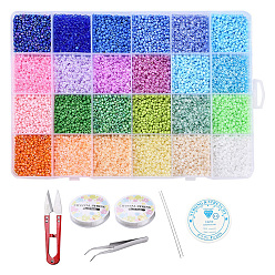 Mixed Color DIY Stretch Jewelry Making Kits, Including Glass Seed Beads, Metal Findings, Stainless Steel Scissors, Elastic Crystal Thread, Steel Beading Needles, Mixed Color, 2mm, Hole: 1mm, about 800pcs/12g,  24 colors, 12g/color, 288g