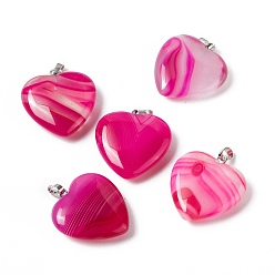 Natural Agate Natural Agate Pendants, with Platinum Tone Brass Findings, Heart Charm, Dyed & Heated, Deep Pink, 27~28x25x7mm, Hole: 7x4mm