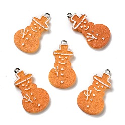 Sandy Brown Opaque Resin Pendants, with Platinum Tone Iron Loops, Imitation Gingerbread, Christmas Theme, Snowman, Sandy Brown, 32x18x4mm, Hole: 2mm
