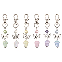 Mixed Color UV Plating Rainbow Iridescent Opaque Acrylic Mushroom Pendant Decoration, Butterfly Alloy Beads with Swivel Lobster Claw Clasps Charm, Mixed Color, 77mm, 6pcs/set