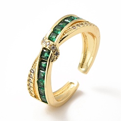 Verde Anillo abierto cruzado con circonitas cúbicas, joyas de latón chapado en oro real 18k para mujer, sin plomo y el cadmio, verde, tamaño de EE. UU. 7 1/4 (17.5 mm)