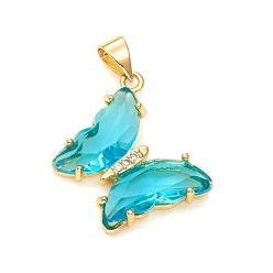 Deep Sky Blue Glass Pendants, with Brass Clear Micro Pave Cubic Zirconia, Butterfly, Golden, Deep Sky Blue, 24x21x4mm, Hole: 5.5x3.5mm