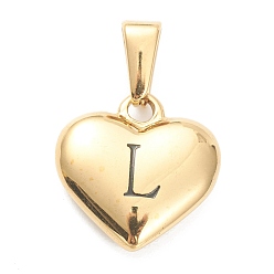 Letter L 304 Stainless Steel Pendants, Heart with Black Letter, Golden, Letter.L, 16x16x4.5mm, Hole: 7x3mm