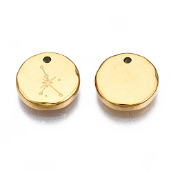 Cancer 316 Surgical Stainless Steel Charms, Flat Round with Constellation, Real 14K Gold Plated, Cancer, 10x2mm, Hole: 1mm