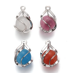 Platinum Cat Eye Pendants, with Brass Findings, Mixed Color, Platinum, 18x12.5mm, Hole: 1.4mm