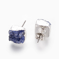 Midnight Blue Natural Dyed Druzy Quartz Stud Earrings, with 304 Stainless Steel Findings, Square, Silver, Midnight Blue, 10x10x6~10mm, Pin: 0.7mm