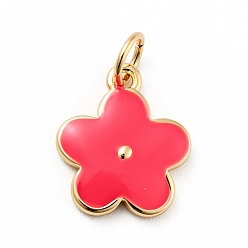 Cerise Rack Plating Brass Enamel Charms, with Jump Rings, Cadmium Free & Lead Free, Real 18K Gold Plated, Flower, Cerise, 14.5x12x1.3mm, Hole: 3.3mm