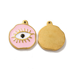Pink Ion Plating(IP) 304 Stainless Steel Charms, with Enamel, Flat Round with Evil Eye, Real 18K Gold Plated, Pink, 21x18.5x2.5mm, Hole: 1.4mm