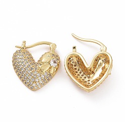 Claro Arracadas gruesas de corazón con circonitas cúbicas, joyas de latón dorado para mujer, Claro, 22~23x20.5~21x7 mm, pin: 0.8~1.2x0.7~0.8 mm