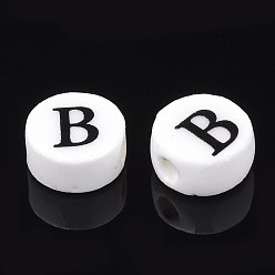 Letter B Handmade Porcelain Beads, Horizontal Hole, Flat Round with Letter, White, Letter.B, 8~8.5x4.5mm, Hole: 2mm