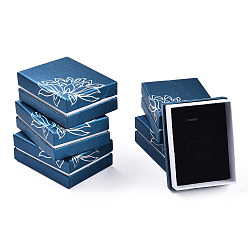 Marina Azul Cajas de sistema de la joyería de cartón, estampado de flores por fuera y esponja negra por dentro, Rectángulo, azul marino, 9.1x6.9x3.5 cm