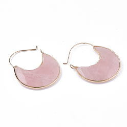 Rose Quartz Natural Rose Quartz Crescent Moon Dangle Hoop Earrings, with Brass Findings, Faceted, 44~51x36.5x4~6mm, Pin: 1mm
