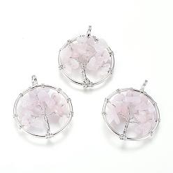 Quartz Rose Naturel a augmenté pendentifs en quartz, avec les accessoires en laiton, plat et circulaire avec arbre de vie, platine, 29x5~7mm, Trou: 4.5mm