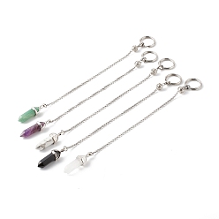 Mixed Stone Natural Mixed Gemstone Pointed Dowsing Pendulums, with 304 Stainless Steel Split Key Rings, Bullet, Stainless Steel Color, 220~225x2.5mm