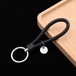 Black PU Leather Knitting Keychains, Wristlet Keychains, with Platinum Tone Plated Alloy Key Rings, Black, 12.5x3.2cm