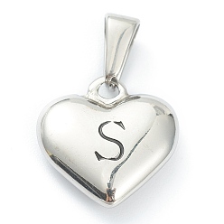 Letter S 304 Stainless Steel Pendants, Heart with Black Letter, Stainless Steel Color, Letter.S, 16x16x4.5mm, Hole: 7x3mm
