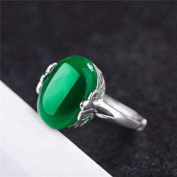 Green Onyx Agate Oval Natural Green Onyx Agate Adjustable Ring, Platinum Brass Jewelry for Women, Inner Diameter: 16mm