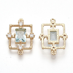 Pale Turquoise Golden Tone Brass Links connectors, with Faceted Glass and Rhinestone, Rectangle, Pale Turquoise, 19x13.5x3.5mm, Hole: 1mm