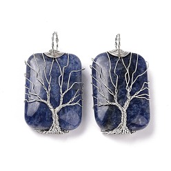 Sodalite Natural Sodalite Copper Wire Wrapped Pendants, Rectangle with Tree of Life Charms, Platinum, 46~49x25~27x10~12mm, Hole: 8x9mm
