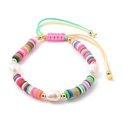 Coloré Nylon réglable bracelets cordon tressé de perles, avec des perles heishi en pâte polymère, perles de perles baroques naturelles et perles en laiton, colorées, diamètre intérieur: 2-1/8~4-1/8 pouce (5.5~10.5 cm)