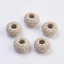 Marron Clair Perles européennes de pierre de lave naturelle, teint, Perles avec un grand trou   , plat rond, bisque, 15~16x8.5~9mm, Trou: 4~5mm