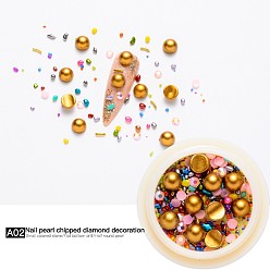 Gold Nail Art Decoration Accessories, with Resin Rhinestones, ABS Plastic Imitation Pearl Cabochons, Glass Beads and Brass Cabochons, Chip & Tube & Half Round, Gold, 6x4mm & 3x1mm & 4x1mm & 0.5~5x0.5~3x0.5~3mm