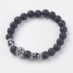 Mixed Stone Natural Lava Rock Beads Stretch Bracelets, with Synthetic Hematite and Alloy Finding, Antique Silver, 2 inch(50.5mm)