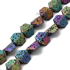 Rainbow Plated Electroplated Natural Lava Rock Beads Strands, Hexagon, Rainbow Plated, 8.5~9x8.5x4~4.5mm, Hole: 1mm, about 45pcs/strand, 15.35''~15.75''(39~40cm)