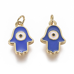 Blue Enamel Charms, with Brass Findings and Cubic Zirconia, Hamsa Hand/Hand of Fatima/Hand with Eye, Golden, Royal Blue, 14.5x10x2mm, Hole: 3mm