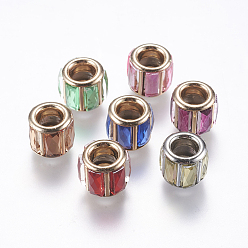 Mixed Color Brass Glass Rhinestone European Beads, Large Hole Beads, Golden Core, Column, Mixed Color, 10x9mm, Hole: 5mm