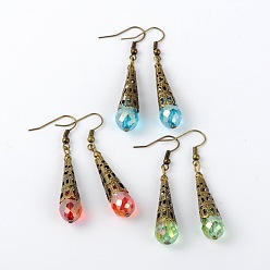 Mixed Color Brass Glass Teardrop Beads Dangle Earrings, with Iron Beads and Brass Earring Hooks, Antique Bronze, Mixed Color, 56mm, Pin: 0.7mm