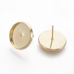 Real 18K Gold Plated 202 Stainless Steel Stud Earring Findings, with 304 Stainless Steel Pin, Flat Round, Golden, 14mm, 12mm inner diameter, Pin: 0.9mm