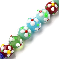 Mixed Color Handmade Lampwork Beads Strands, with Enamel, Round with Flower, Mixed Color, 11x9.5mm, Hole: 1.4mm, about 36pcs/strand, 13.58''(34.5cm)