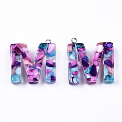 Letter M Transparent Epoxy Resin Pendants, with Shell Slices and Loops, Alphabet, Letter.M, 30x29x7mm, Hole: 1.6mm