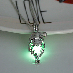 Vert Printemps Moyen Collier pendentif cage du père noël en alliage avec perles en plastique lumineuses, bijoux de noël brillants dans le noir pour femmes, vert printemps moyen, 17.72 pouce (45 cm)