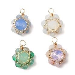 Mixed Stone Natural & Synthetic Mixed Gemstone Faceted Flower Pendants, Golden Plated Copper Wire Wrapped Glass Charms, Mixed Dyed and Undyed, 17~18x12.5~13.5x6~6.5mm, Hole: 2~2.8mm