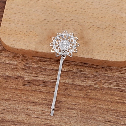Платина Железная фурнитура шпильки для волос, с настройками передних панелей латуни филигрань цветок кабошон, платина, Цветок: 20 мм