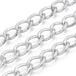 Silver Aluminium Textured Curb Chains, Unwelded, with Spool, Silver, 11x7.5x1.5mm, about 98.43 Feet(30m)/Roll