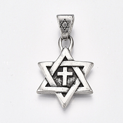 Antique Silver Tibetan Style Alloy Pendants, for Jewish, Star of David with Cross, Antique Silver, 42.5x29.5x4.5mm, Hole: 10.5x6.5mm