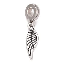 Antique Silver 304 Stainless Steel European Dangle Charms, Large Hole Pendants, Wings, Antique Silver, 29.5mm, Hole: 4mm, Wing: 19.5x6x2mm